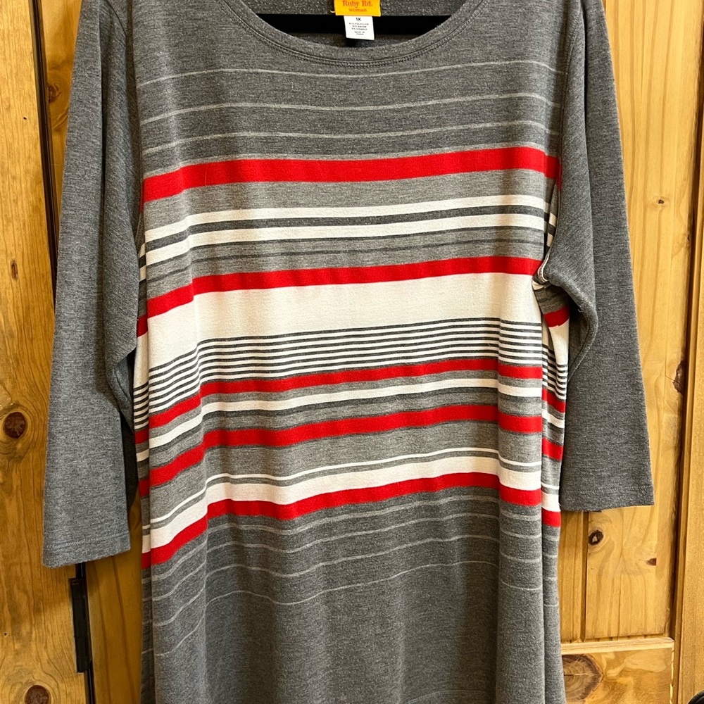 Ruby Rd. Gray and Red Striped Tunic